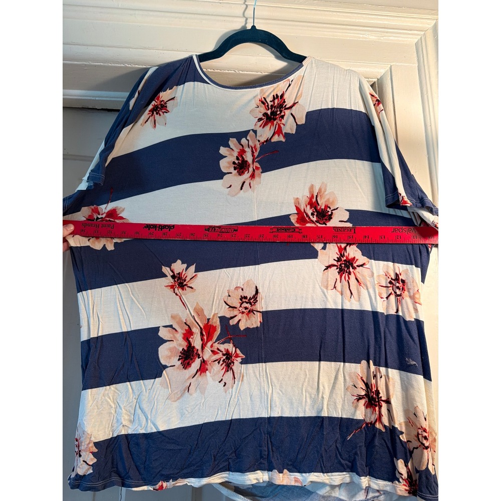 Womens Navy White Striped Floral Short Sleeve Knot Front Top Scoop Neck Large - Picture 4 of 5